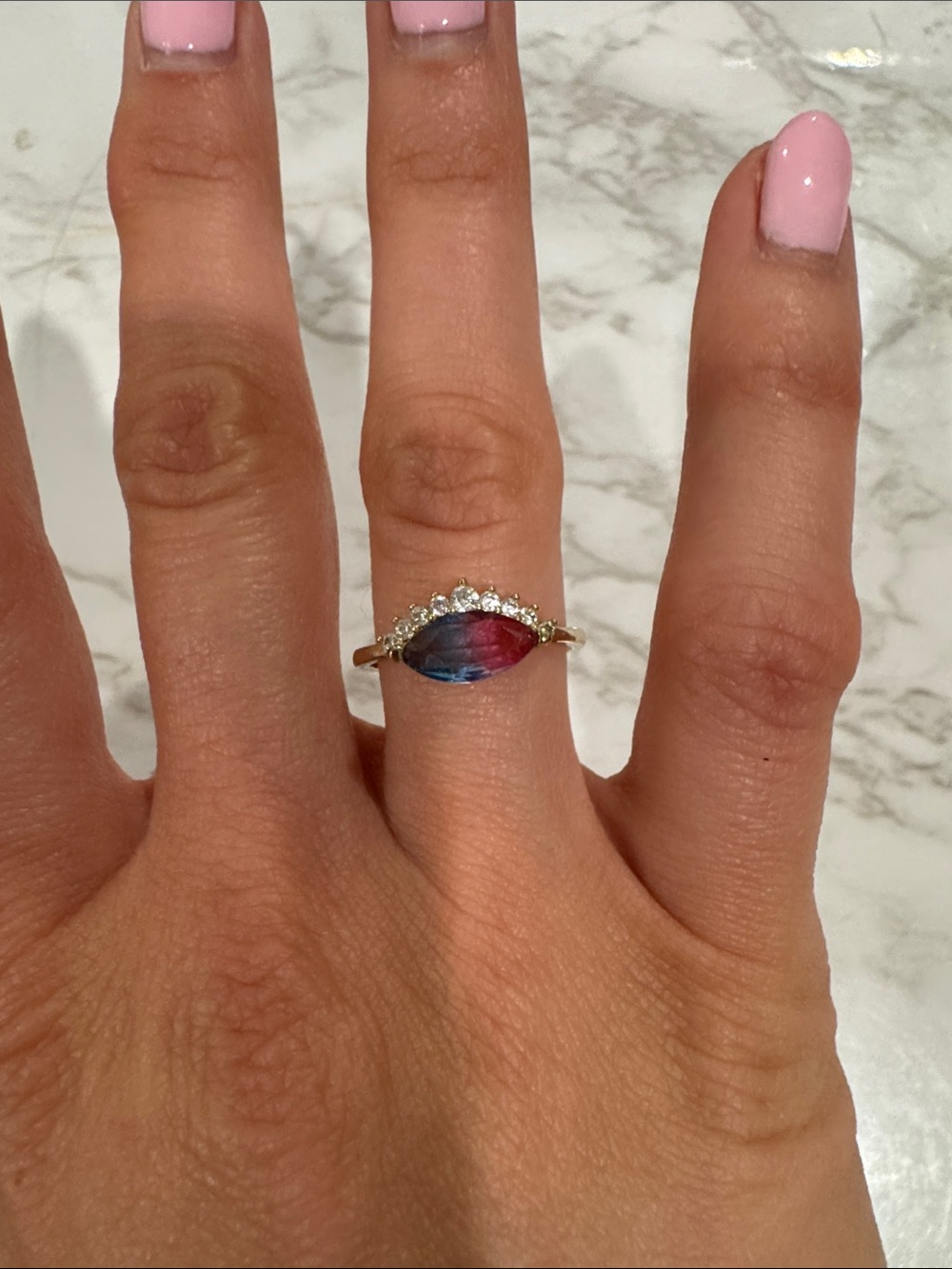 Gold Marquise Multicolor Stone Ring with Pavé Accents - Women Jewelry